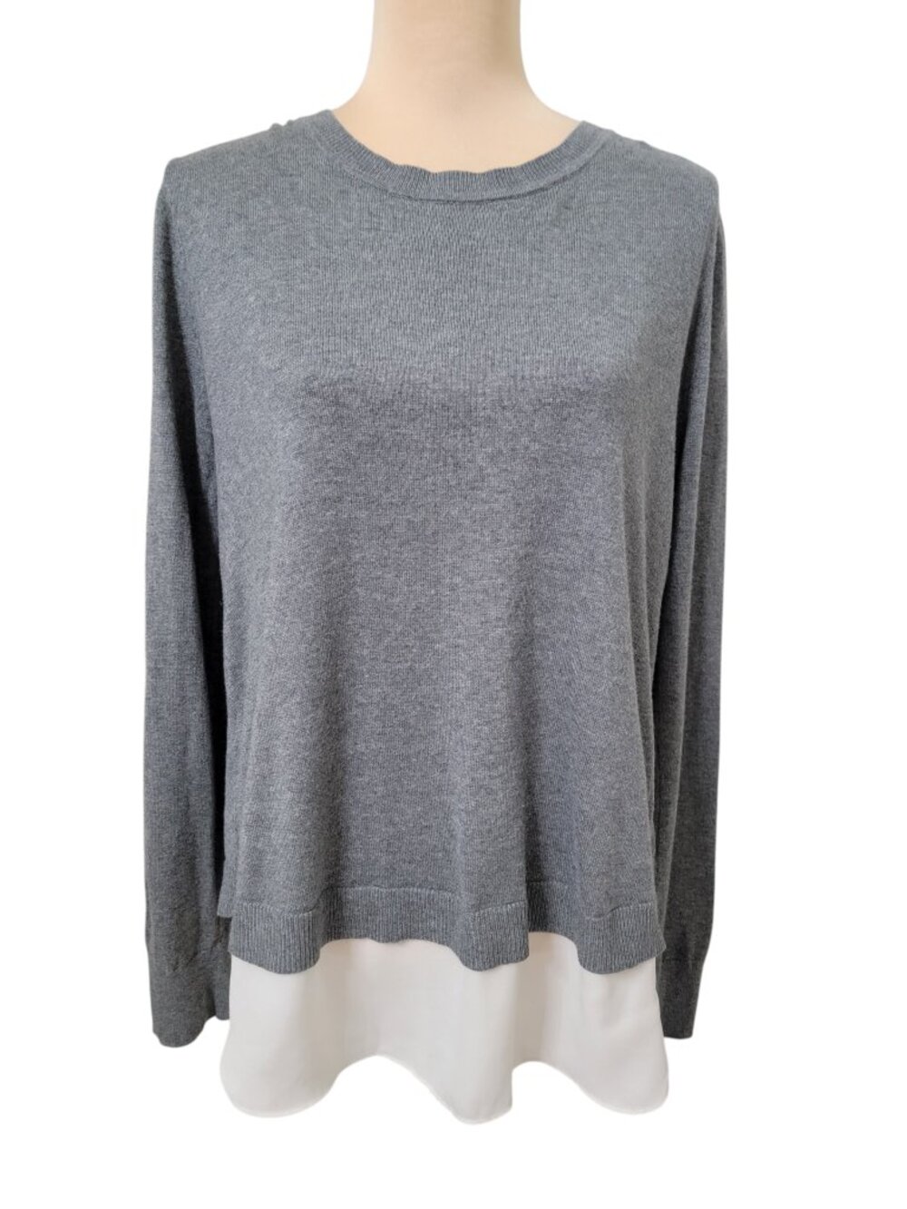 LOFT Size M Gray with White Under Mixed Media Split Back with Ruffle Sweater
